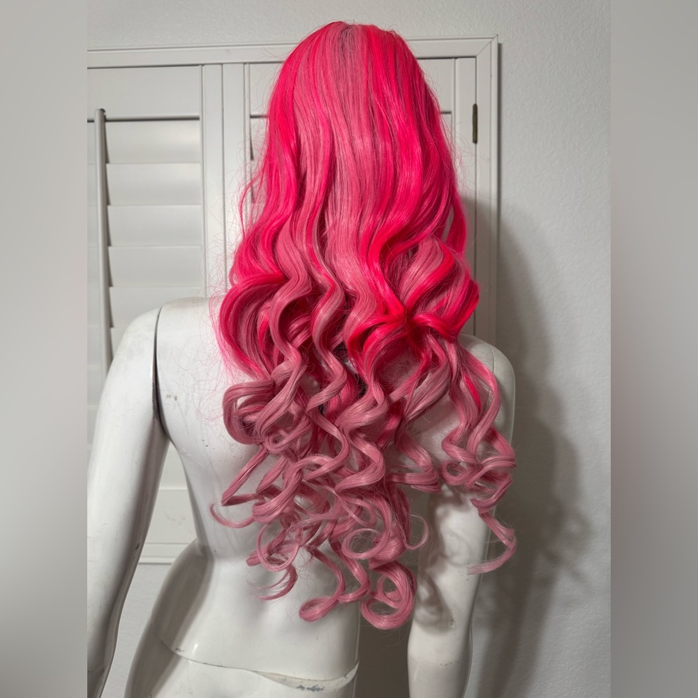 Vibrant Pink Ombre Curly Hair Extension New long hot pink rave festival wig hair